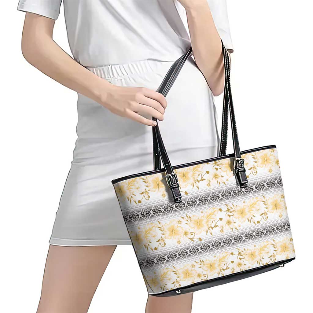 Samoa White Sunday Leather Tote Bag Samoan Tapa Yellow Hibiscus LT05 - Polynesian Pride