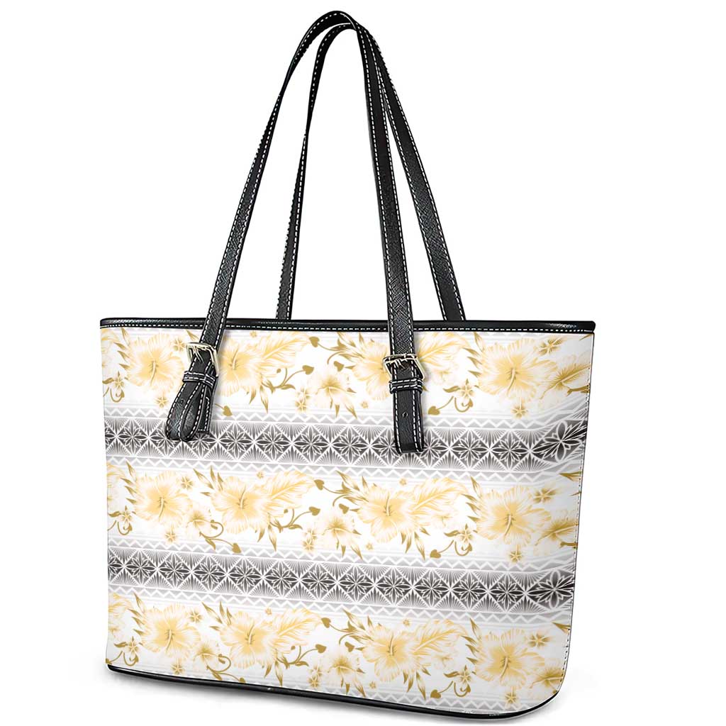 Samoa White Sunday Leather Tote Bag Samoan Tapa Yellow Hibiscus LT05 - Polynesian Pride