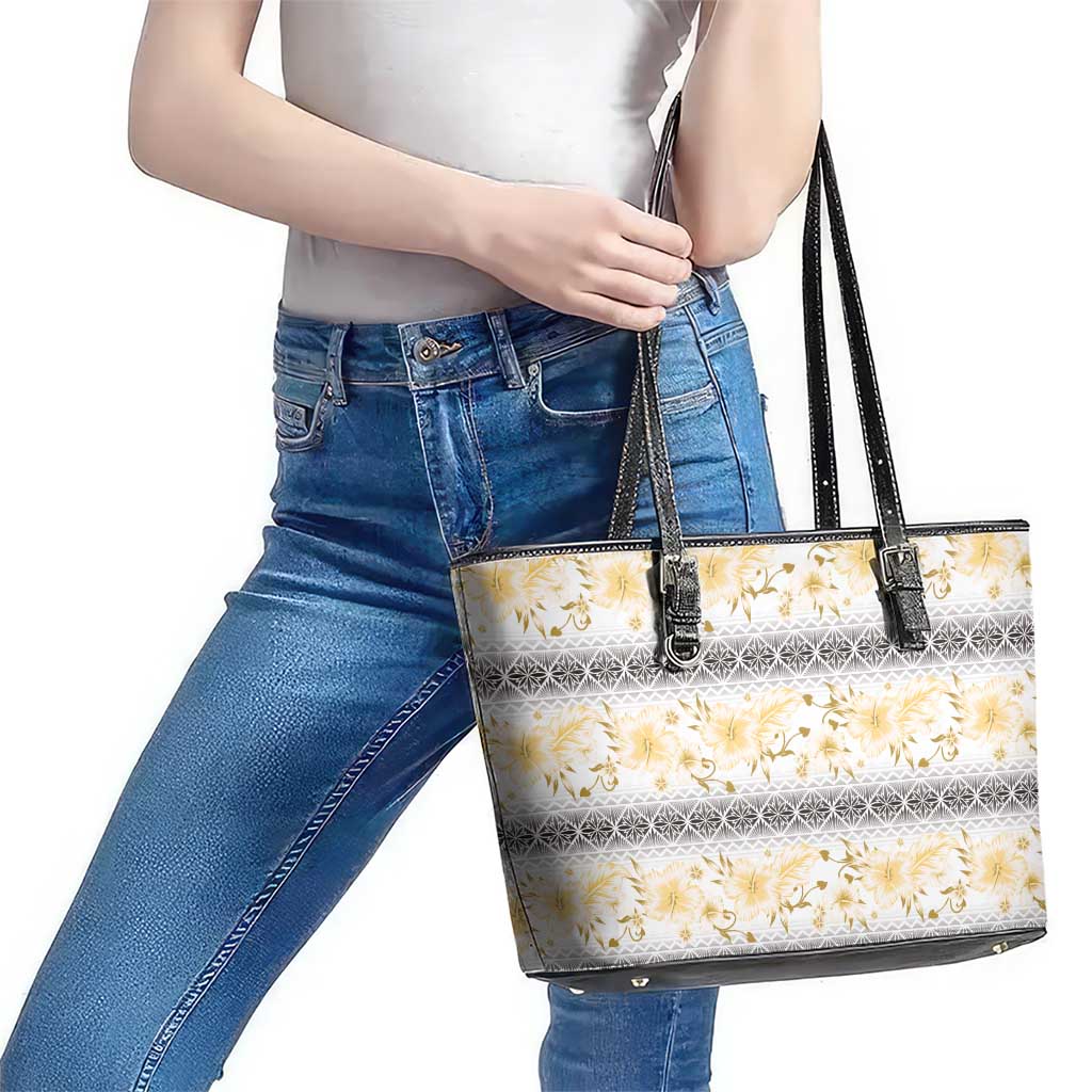 Samoa White Sunday Leather Tote Bag Samoan Tapa Yellow Hibiscus LT05 - Polynesian Pride