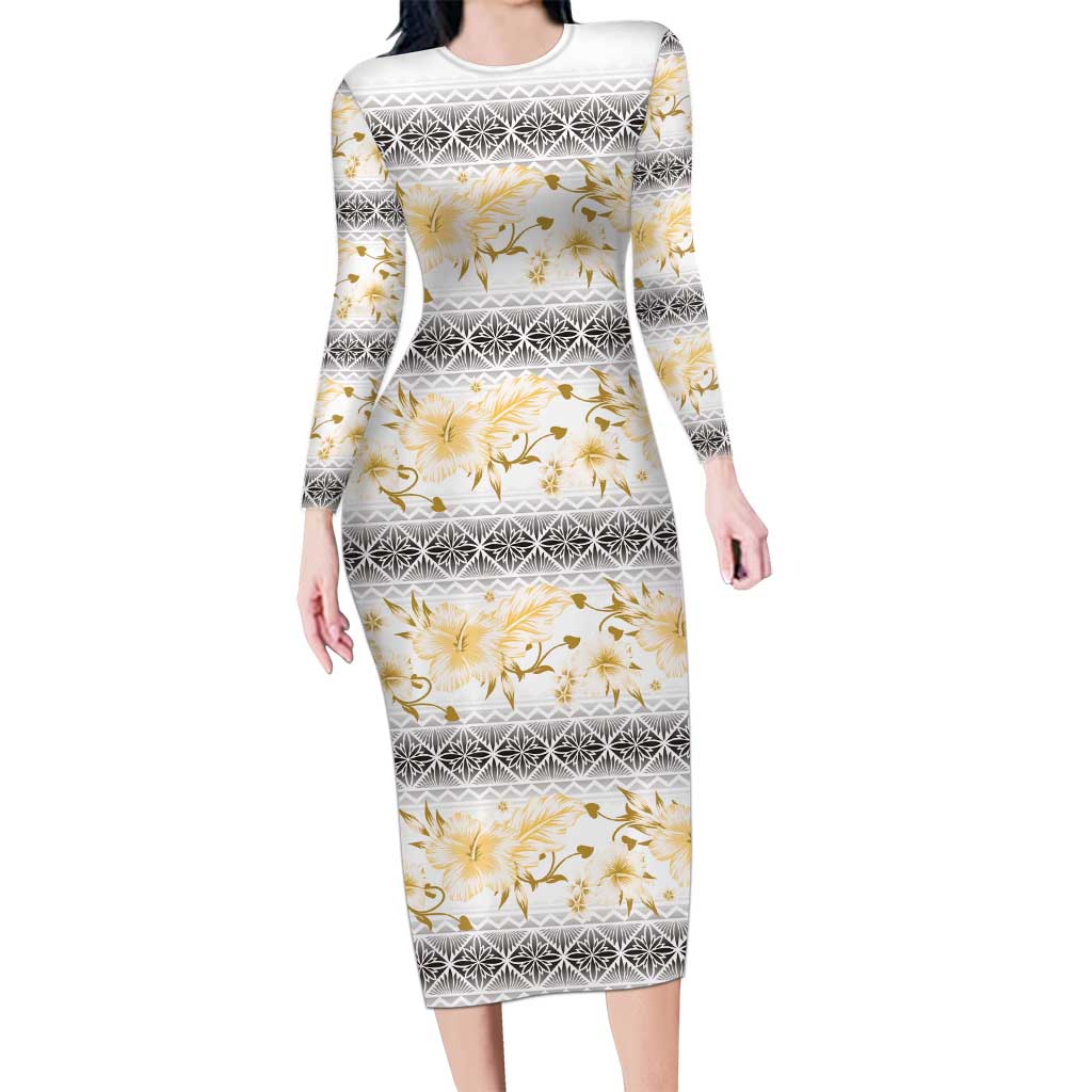 Samoa White Sunday Long Sleeve Bodycon Dress Samoan Tapa Yellow Hibiscus LT05 Long Dress Yellow - Polynesian Pride