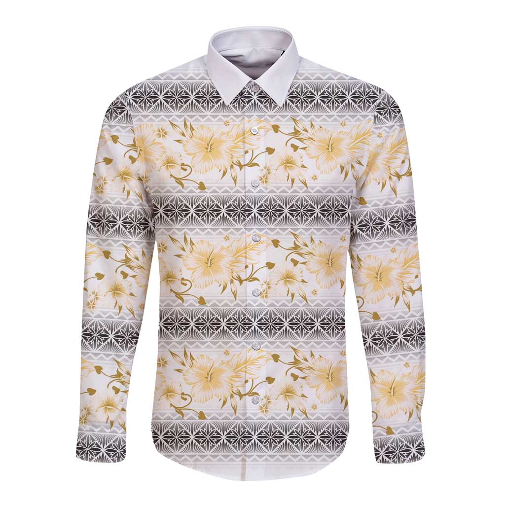 Samoa White Sunday Long Sleeve Button Shirt Samoan Tapa Yellow Hibiscus LT05 Unisex Yellow - Polynesian Pride