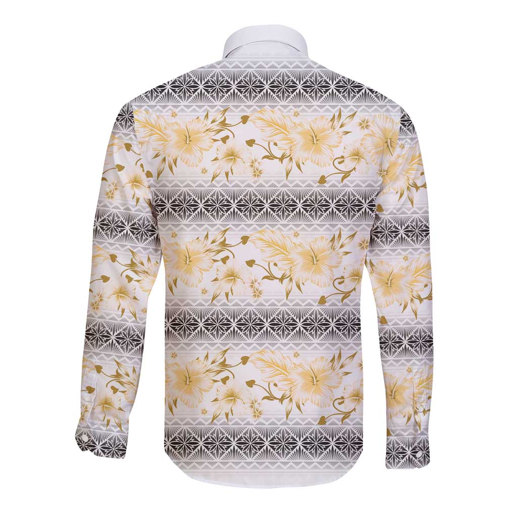 Samoa White Sunday Long Sleeve Button Shirt Samoan Tapa Yellow Hibiscus LT05 - Polynesian Pride