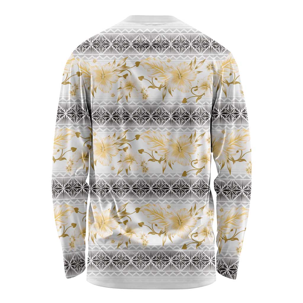 Samoa White Sunday Long Sleeve Shirt Samoan Tapa Yellow Hibiscus LT05 - Polynesian Pride