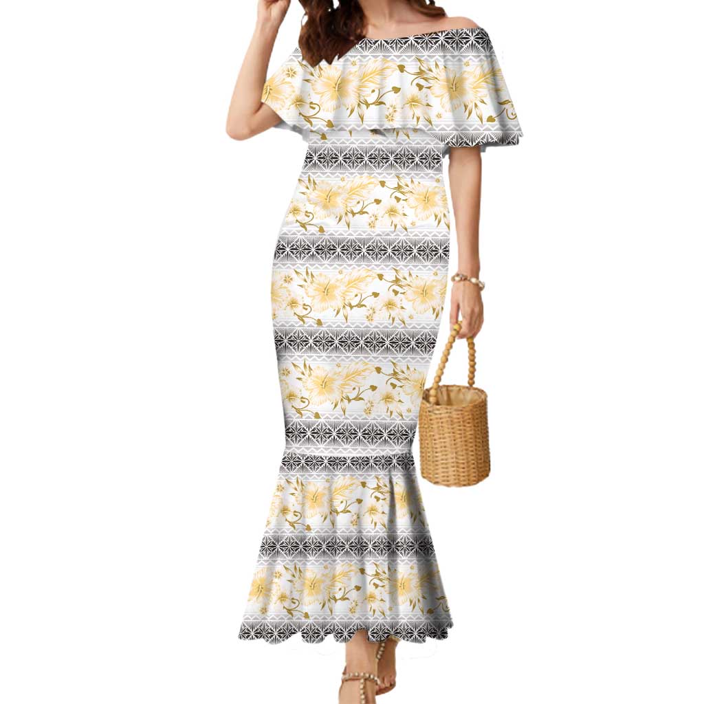 Samoa White Sunday Mermaid Dress Samoan Tapa Yellow Hibiscus LT05 Women Yellow - Polynesian Pride
