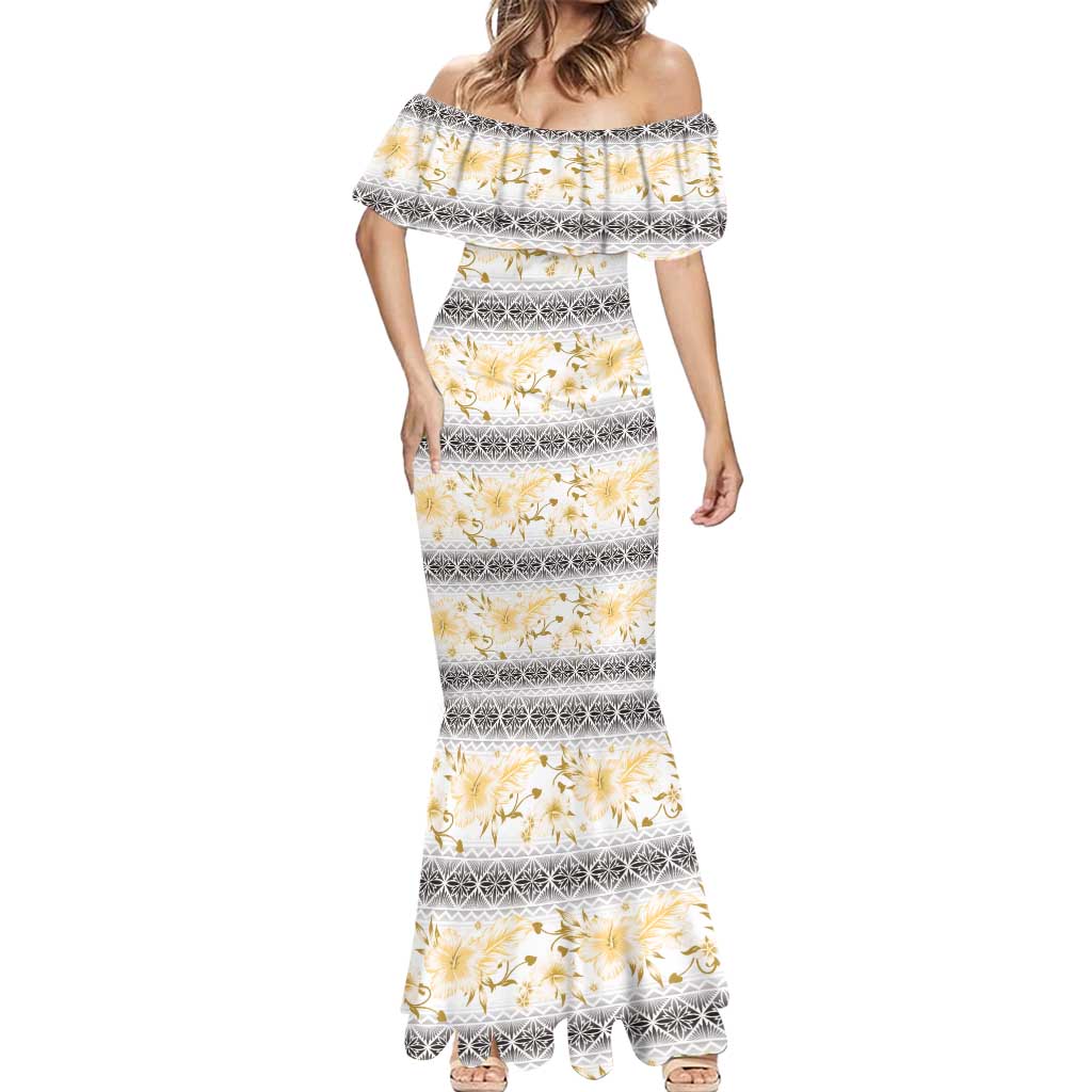 Samoa White Sunday Mermaid Dress Samoan Tapa Yellow Hibiscus LT05 - Polynesian Pride