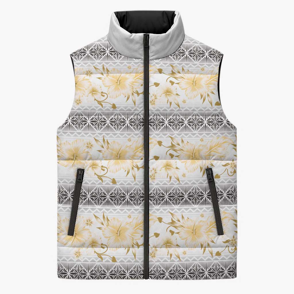 Samoa White Sunday Sleeveless Puffer Jacket Samoan Tapa Yellow Hibiscus LT05 Unisex Yellow - Polynesian Pride