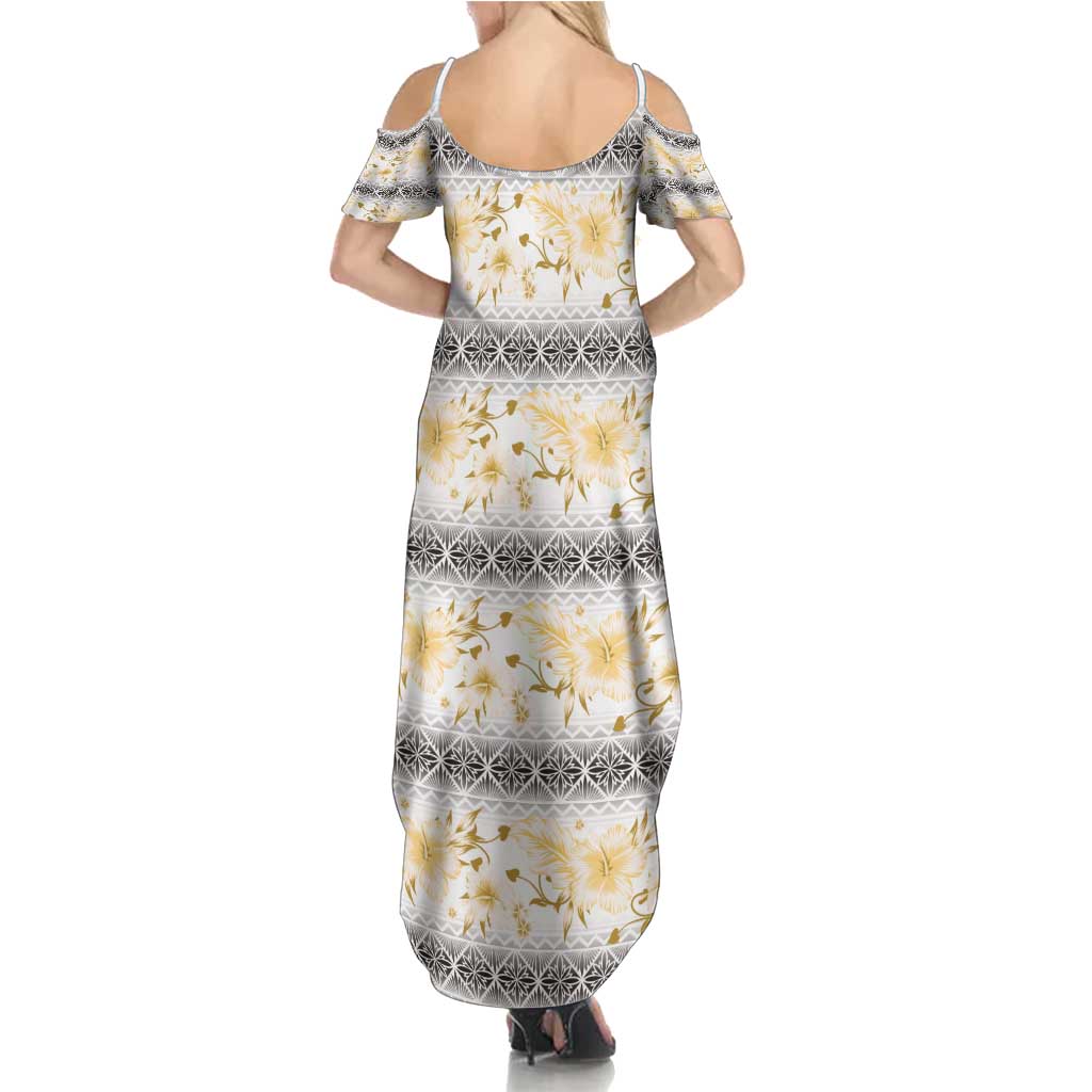 Samoa White Sunday Summer Maxi Dress Samoan Tapa Yellow Hibiscus LT05 - Polynesian Pride