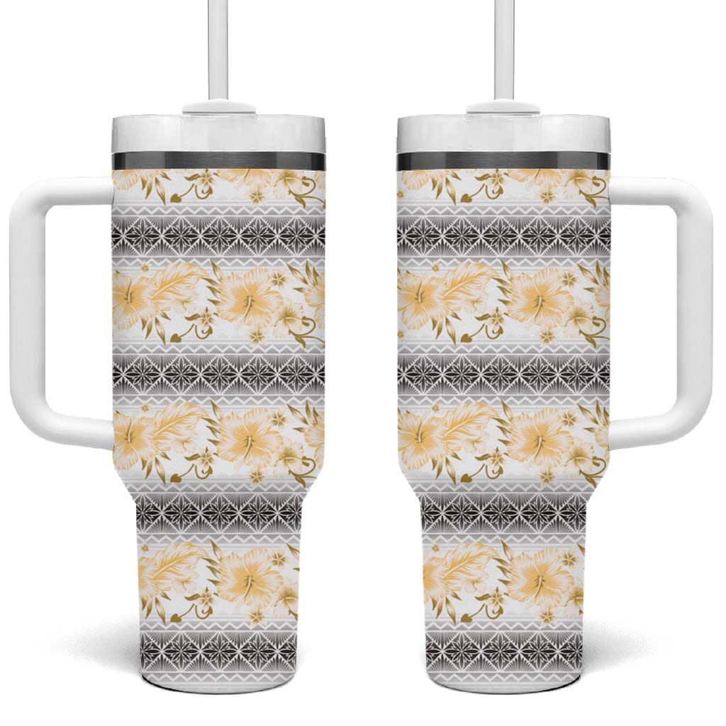 Samoa White Sunday Tumbler With Handle Samoan Tapa Yellow Hibiscus LT05 One Size: 40 oz Yellow - Polynesian Pride