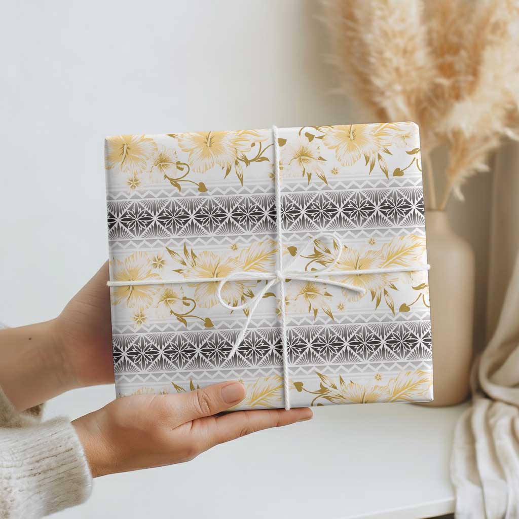 Samoa White Sunday Wrapping Paper Samoan Tapa Yellow Hibiscus LT05 - Polynesian Pride
