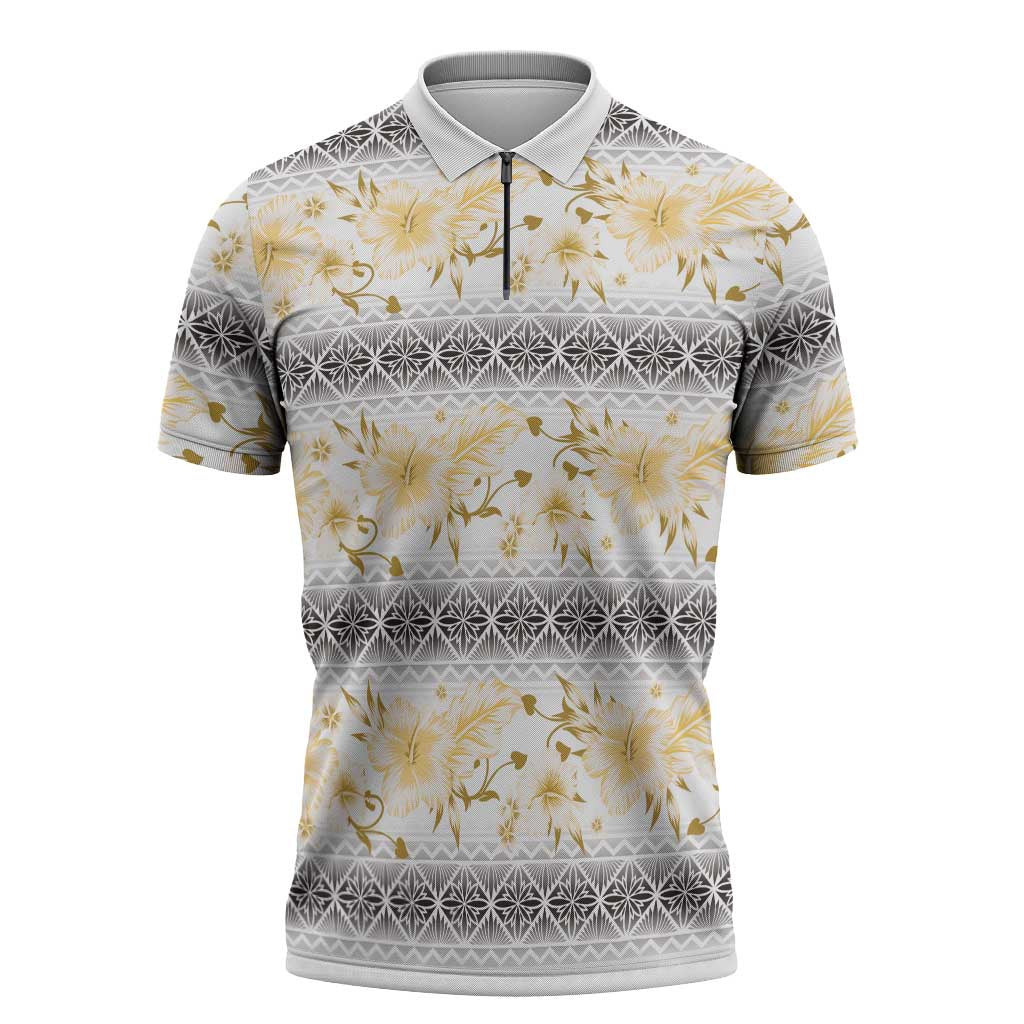 Samoa White Sunday Zipper Polo Shirt Samoan Tapa Yellow Hibiscus LT05 Yellow - Polynesian Pride