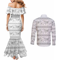 Samoa White Sunday Couples Matching Mermaid Dress and Long Sleeve Button Shirt Samoan Tapa White Hibiscus LT05 - Polynesian Pride