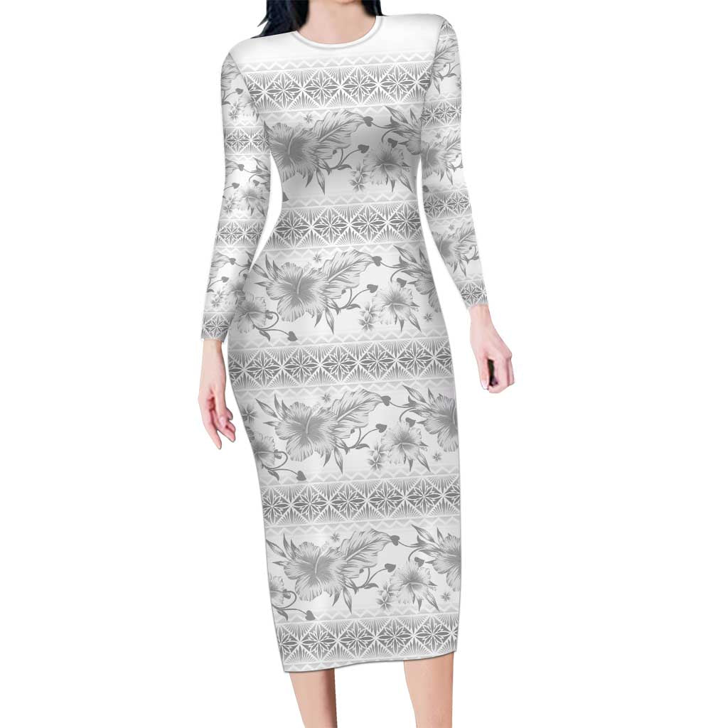 Samoa White Sunday Long Sleeve Bodycon Dress Samoan Tapa White Hibiscus LT05 Long Dress White - Polynesian Pride