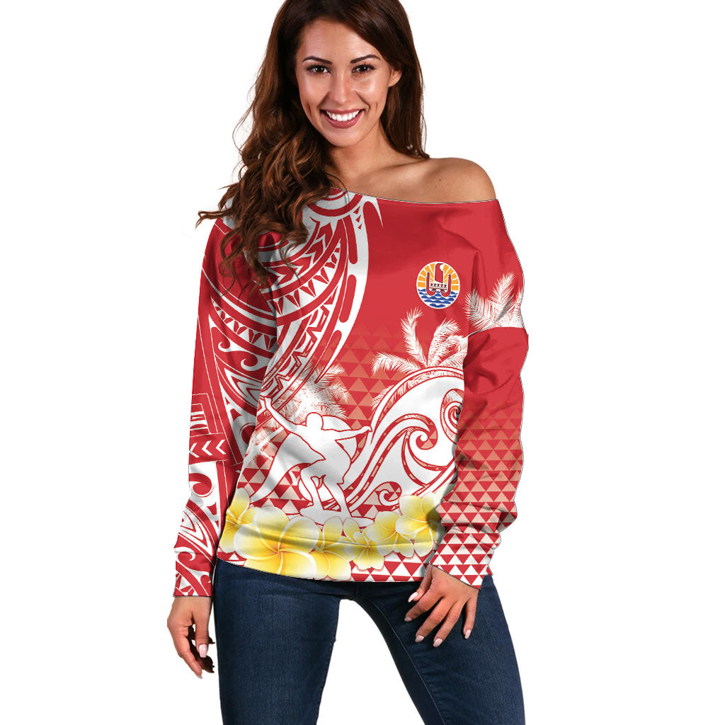Personalised Tahiti Surfing Off Shoulder Sweater Polynesian Style LT05 Women Red - Polynesian Pride