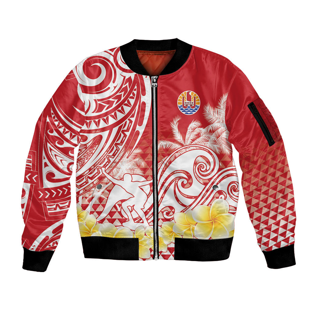 Personalised Tahiti Surfing Sleeve Zip Bomber Jacket Polynesian Style LT05 Unisex Red - Polynesian Pride