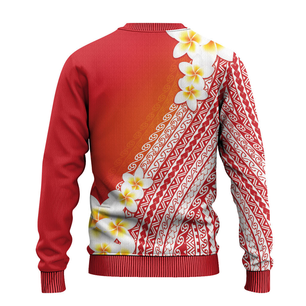 Tahiti Plumeria Tribal Pattern Ugly Christmas Sweater Wave Style Red