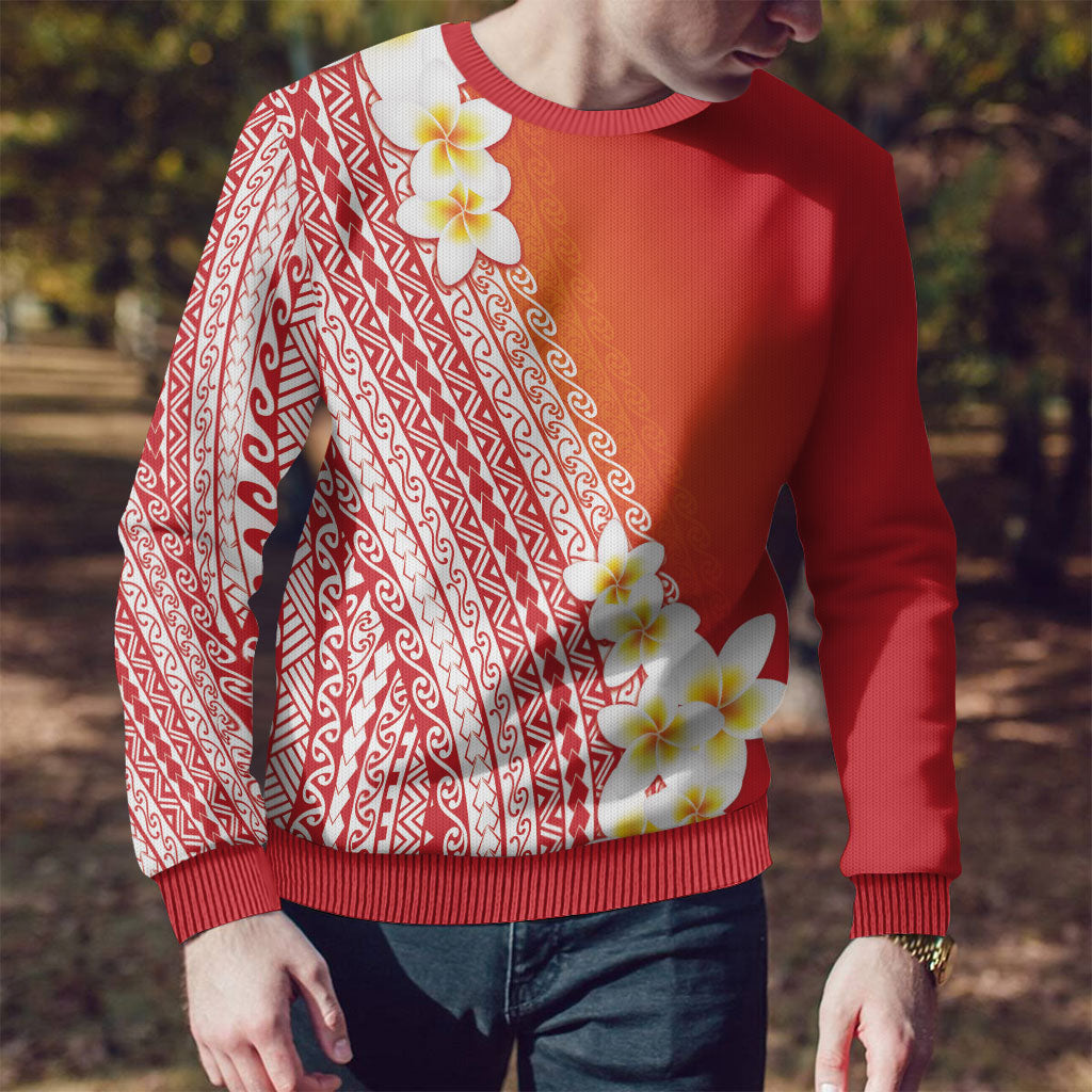 Tahiti Plumeria Tribal Pattern Ugly Christmas Sweater Wave Style Red