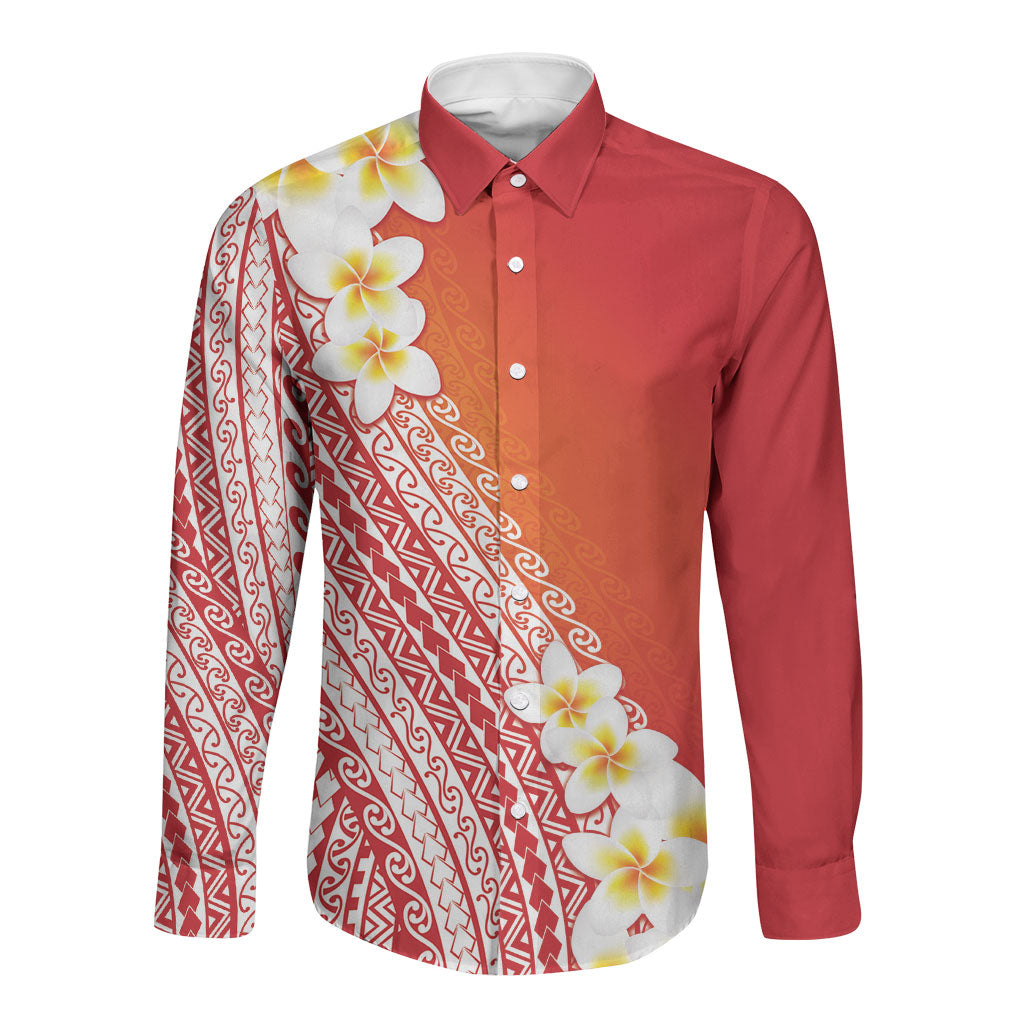 Tahiti Plumeria Tribal Pattern Long Sleeve Button Shirt Wave Style Red LT05 Unisex Red - Polynesian Pride