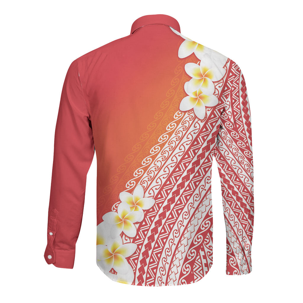 Tahiti Plumeria Tribal Pattern Long Sleeve Button Shirt Wave Style Red LT05 - Polynesian Pride
