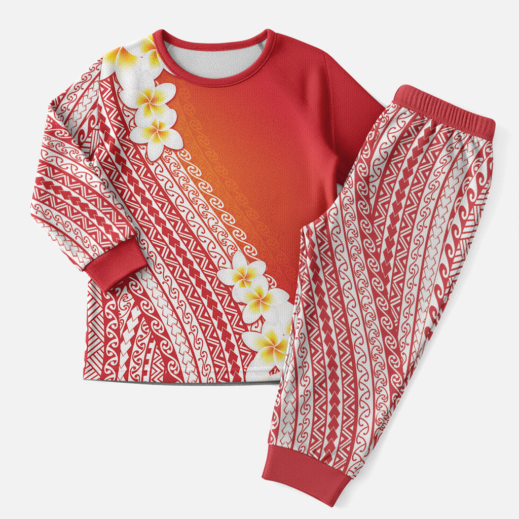 Tahiti Plumeria Tribal Pattern Christmas Pajama Set Wave Style Red
