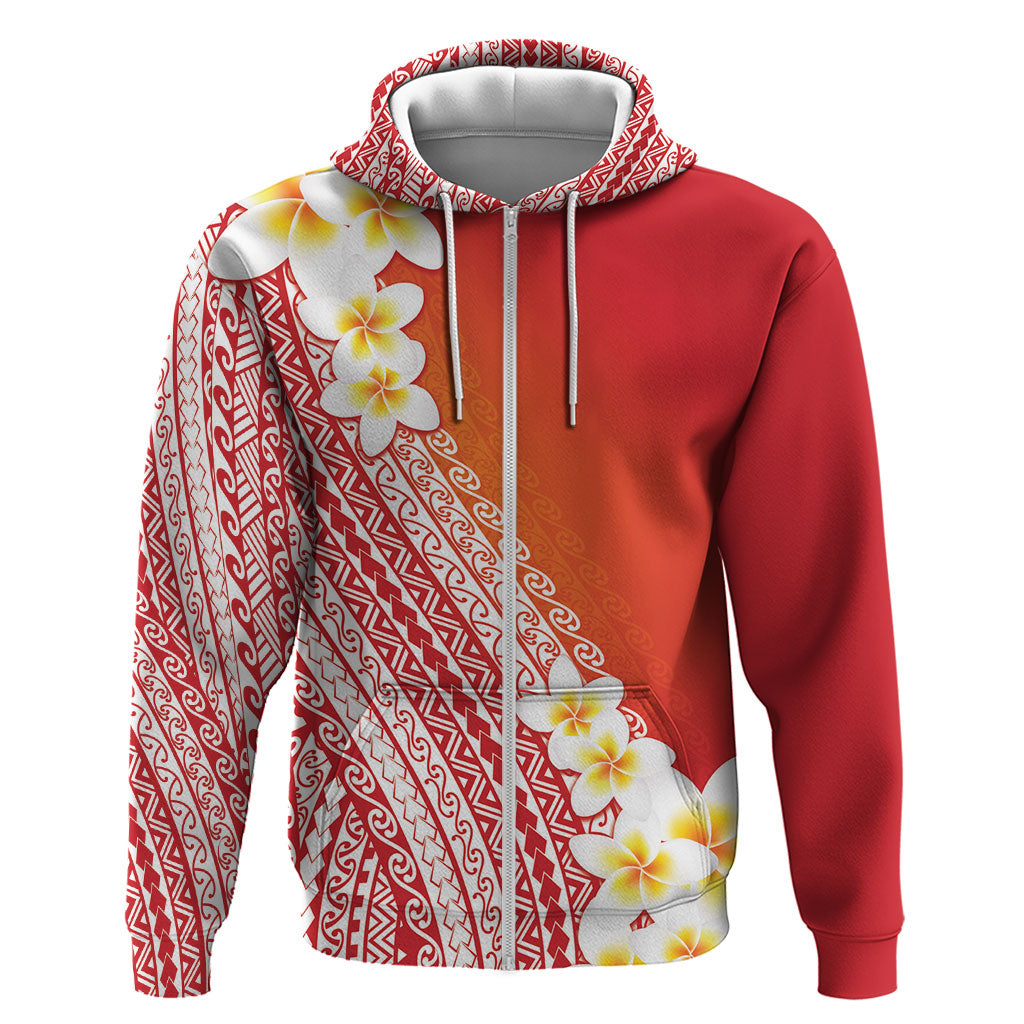 Tahiti Plumeria Tribal Pattern Zip Hoodie Wave Style Red LT05 Zip Hoodie Red - Polynesian Pride