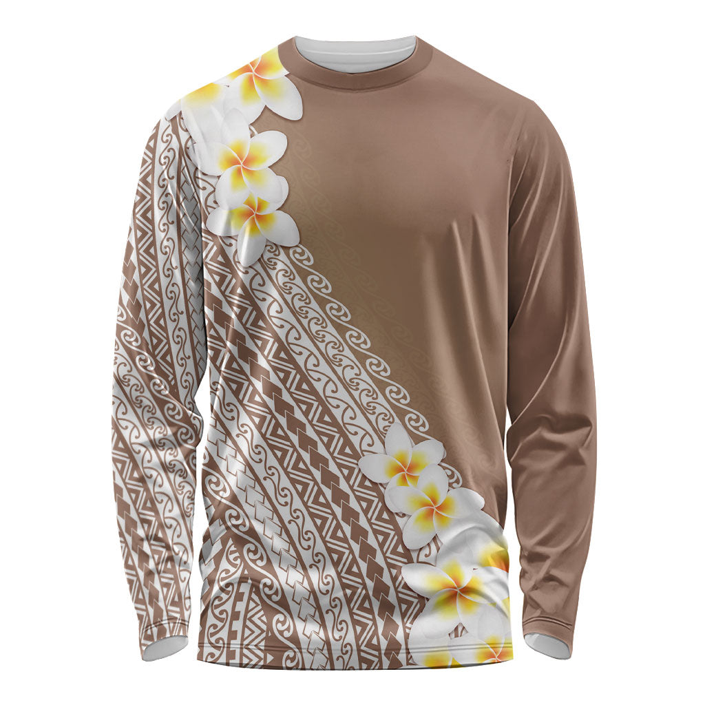 Tahiti Plumeria Tribal Pattern Long Sleeve Shirt Wave Style Brown LT05 Unisex Brown - Polynesian Pride
