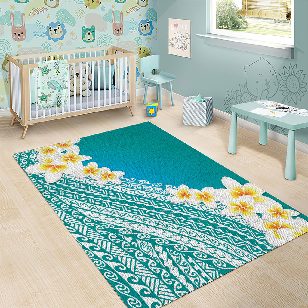 Tahiti Plumeria Tribal Pattern Area Rug Wave Style Turquoise LT05 - Polynesian Pride
