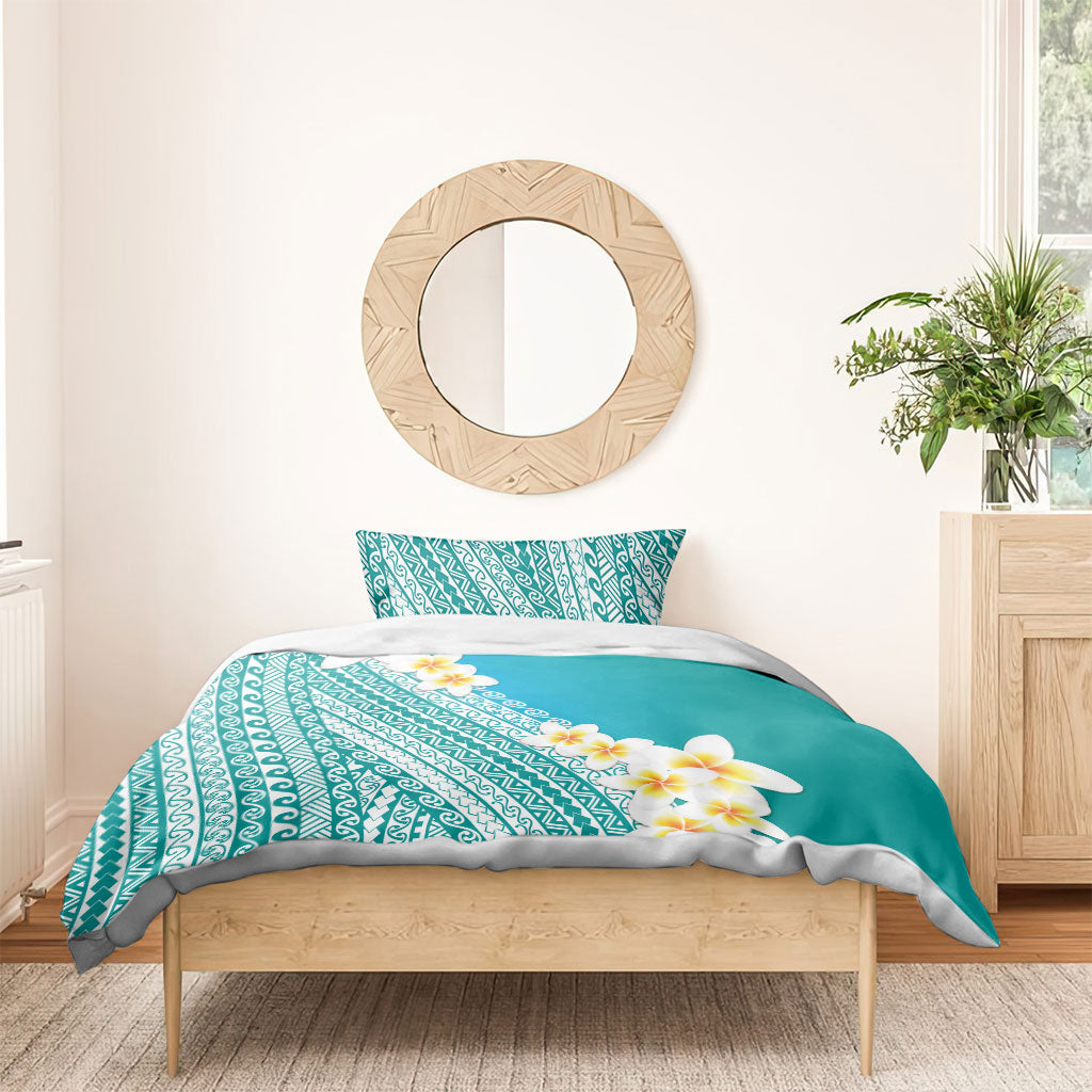 Tahiti Plumeria Tribal Pattern Bedding Set Wave Style Turquoise LT05 - Polynesian Pride