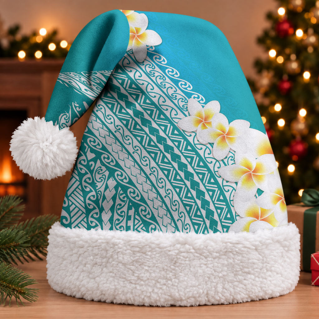 Tahiti Plumeria Tribal Pattern Christmas Santa Hat Wave Style Turquoise LT05 With Fur Turquoise - Polynesian Pride