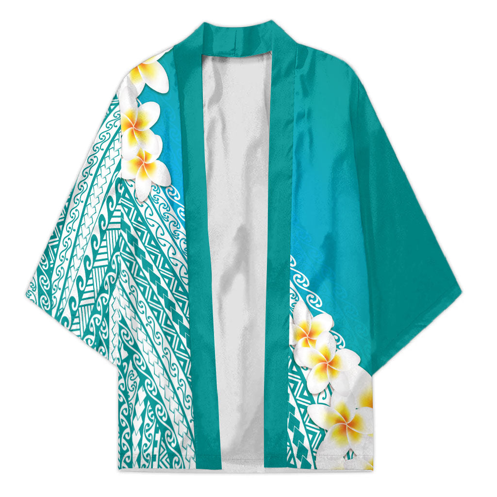 Tahiti Plumeria Tribal Pattern Kimono Wave Style Turquoise LT05 Unisex Turquoise - Polynesian Pride