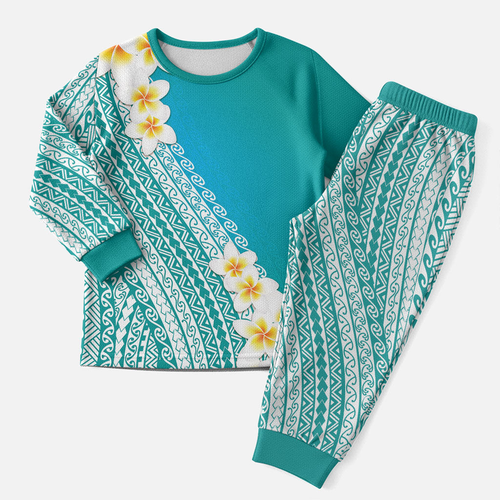 Tahiti Plumeria Tribal Pattern Christmas Pajama Set Wave Style Turquoise