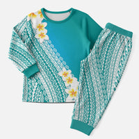 Tahiti Plumeria Tribal Pattern Christmas Pajama Set Wave Style Turquoise