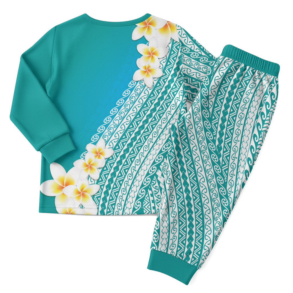 Tahiti Plumeria Tribal Pattern Christmas Pajama Set Wave Style Turquoise