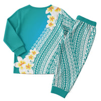 Tahiti Plumeria Tribal Pattern Christmas Pajama Set Wave Style Turquoise