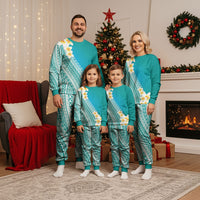 Tahiti Plumeria Tribal Pattern Christmas Pajama Set Wave Style Turquoise