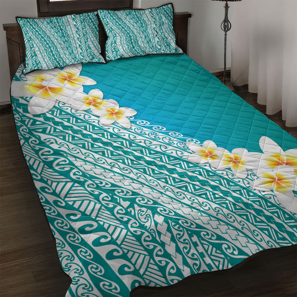 Tahiti Plumeria Tribal Pattern Quilt Bed Set Wave Style Turquoise LT05 Turquoise - Polynesian Pride