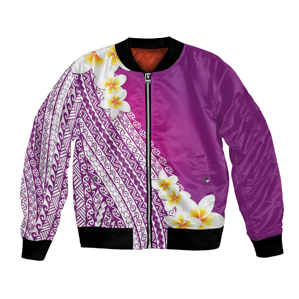 Tahiti Plumeria Tribal Pattern Bomber Jacket Wave Style Purple LT05 Unisex Purple - Polynesian Pride