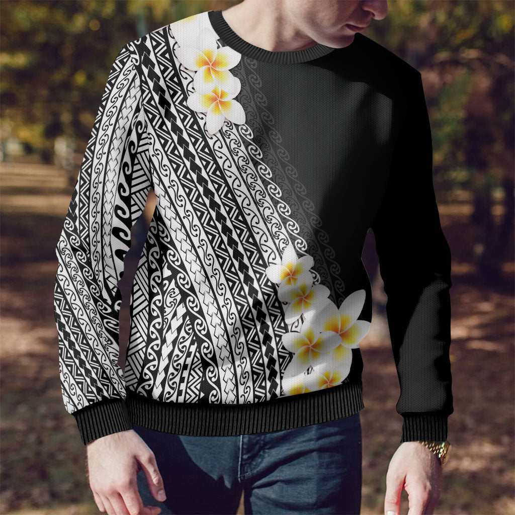 Tahiti Plumeria Tribal Pattern Ugly Christmas Sweater Wave Style Black