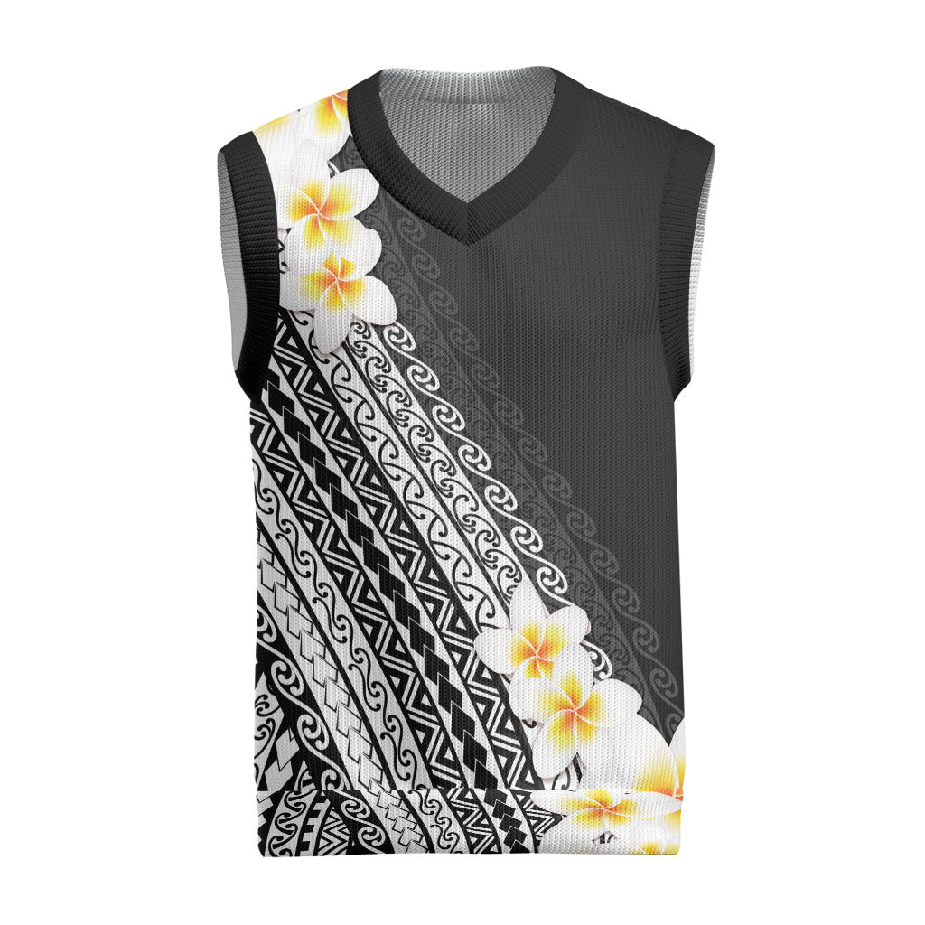 Tahiti Plumeria Tribal Pattern Christmas Knitted V-Neck Vest Wave Style Black LT05 Black - Polynesian Pride