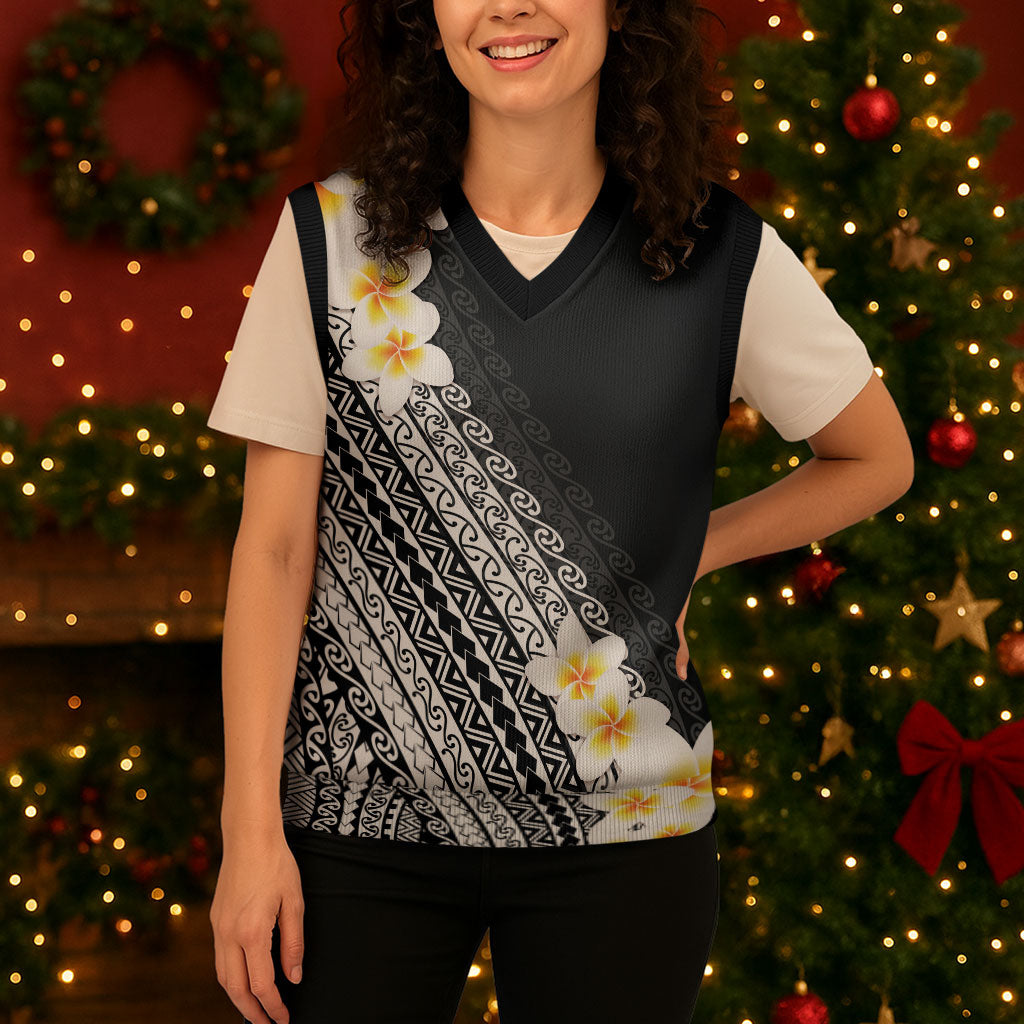 Tahiti Plumeria Tribal Pattern Christmas Knitted V-Neck Vest Wave Style Black LT05 - Polynesian Pride