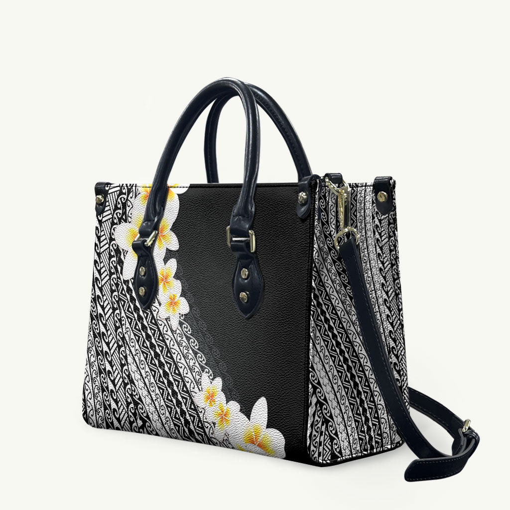 Tahiti Plumeria Tribal Pattern Leather Bag Wave Style Black LT05 Black - Polynesian Pride