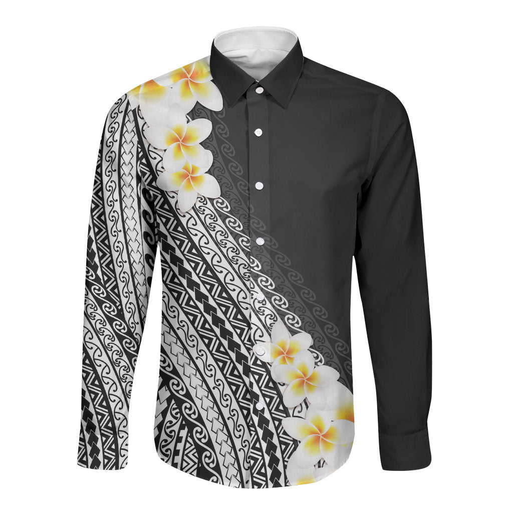 Tahiti Plumeria Tribal Pattern Long Sleeve Button Shirt Wave Style Black LT05 Unisex Black - Polynesian Pride