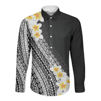 Tahiti Plumeria Tribal Pattern Long Sleeve Button Shirt Wave Style Black LT05 Unisex Black - Polynesian Pride