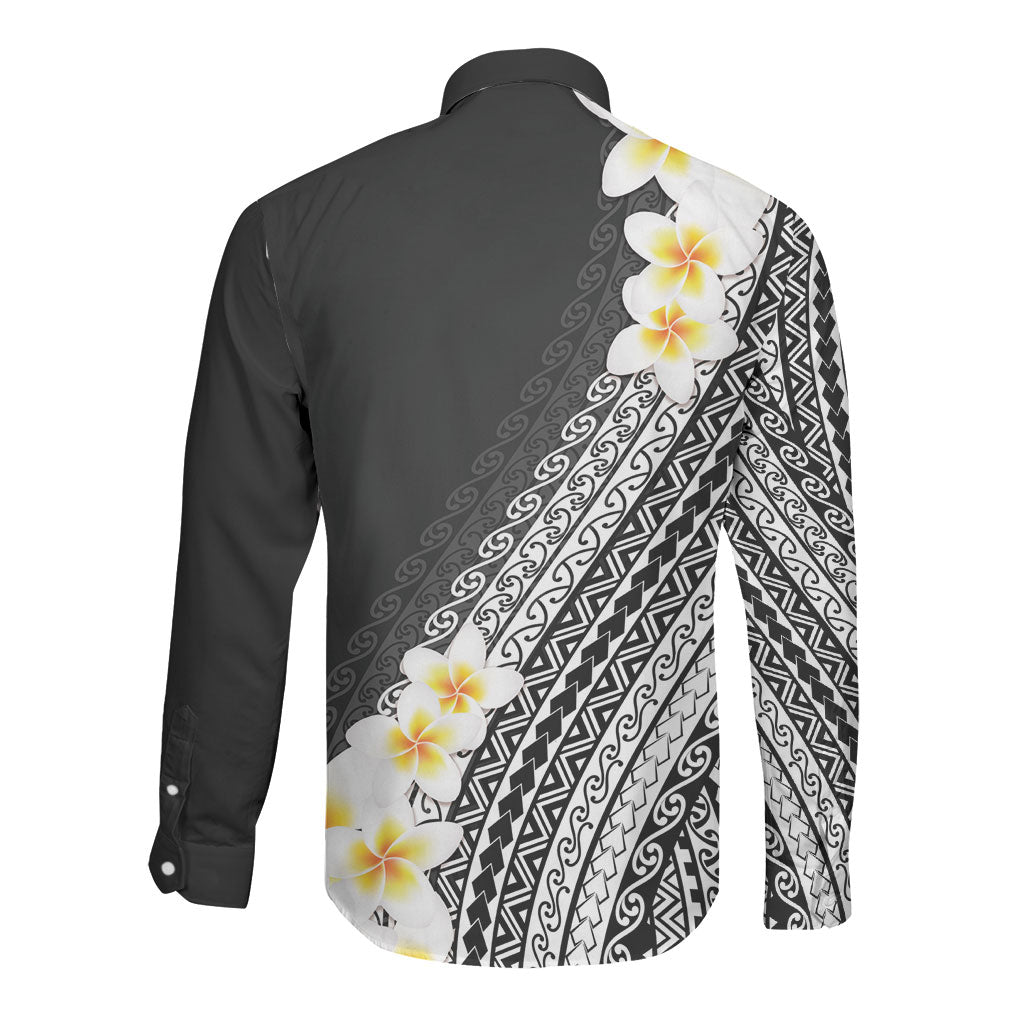 Tahiti Plumeria Tribal Pattern Long Sleeve Button Shirt Wave Style Black LT05 - Polynesian Pride