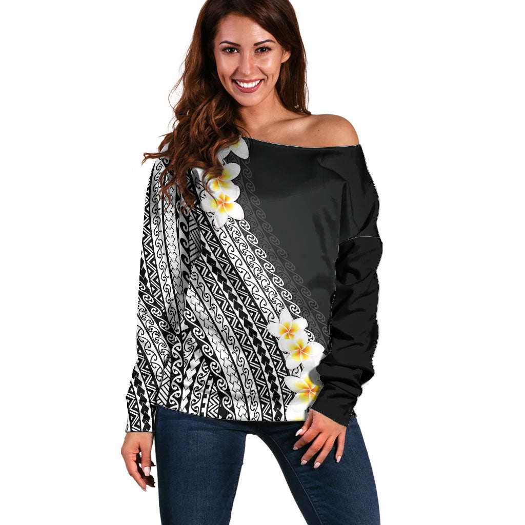 Tahiti Plumeria Tribal Pattern Off Shoulder Sweater Wave Style Black LT05 Women Black - Polynesian Pride