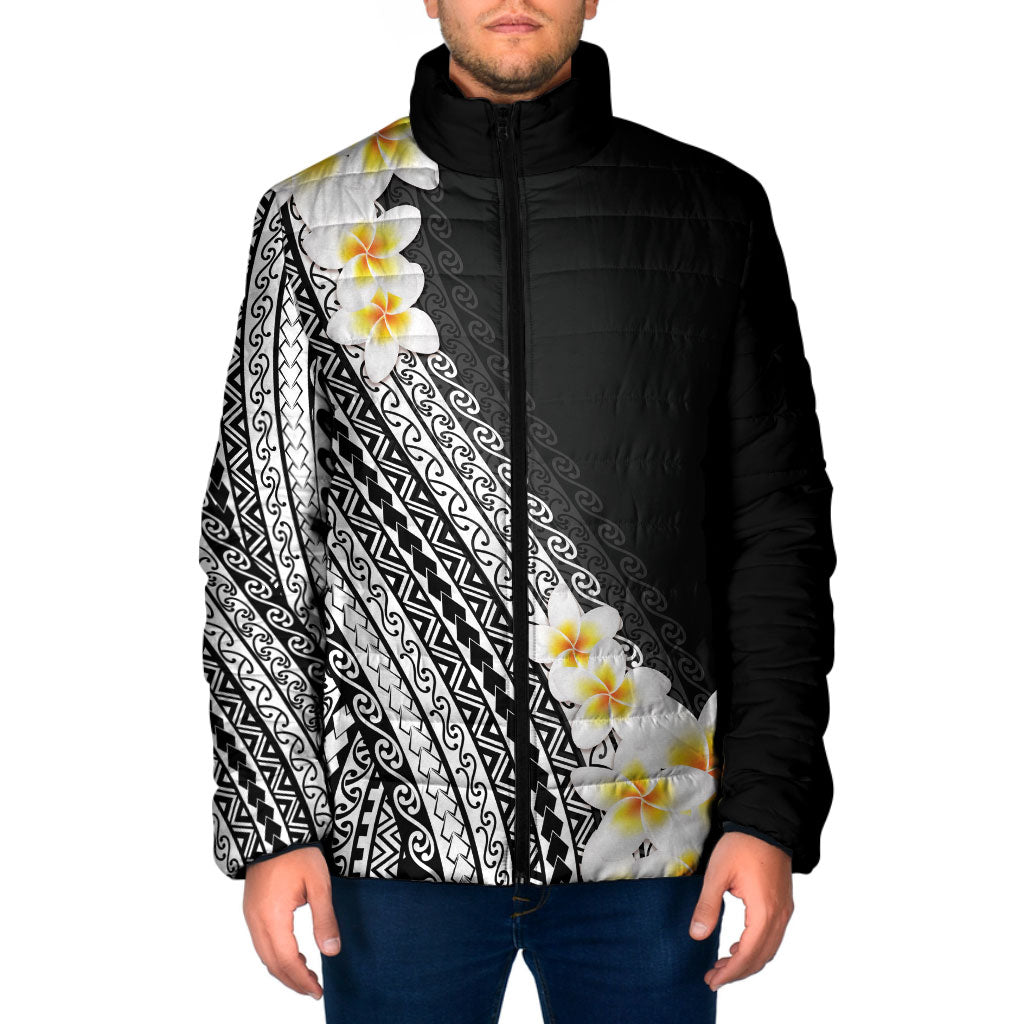 Tahiti Plumeria Tribal Pattern Padded Jacket Wave Style Black LT05 Men Black - Polynesian Pride