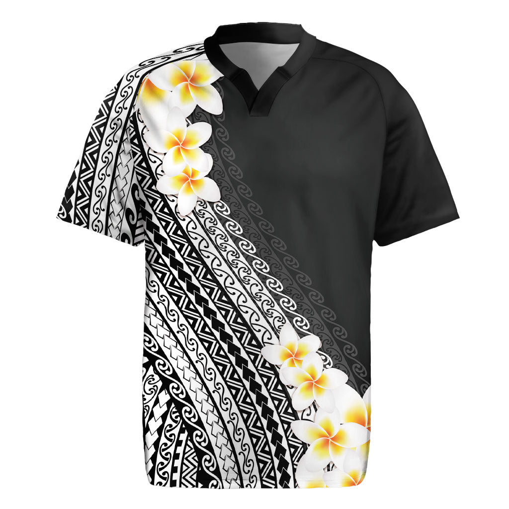 Tahiti Plumeria Tribal Pattern Rugby Jersey Wave Style Black LT05 Black - Polynesian Pride