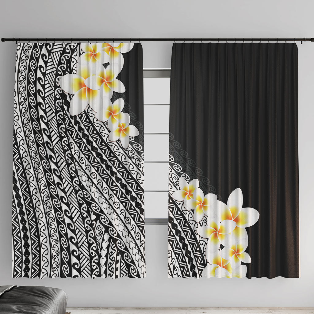 Tahiti Plumeria Tribal Pattern Window Curtain Wave Style Black LT05 With Hooks Black - Polynesian Pride