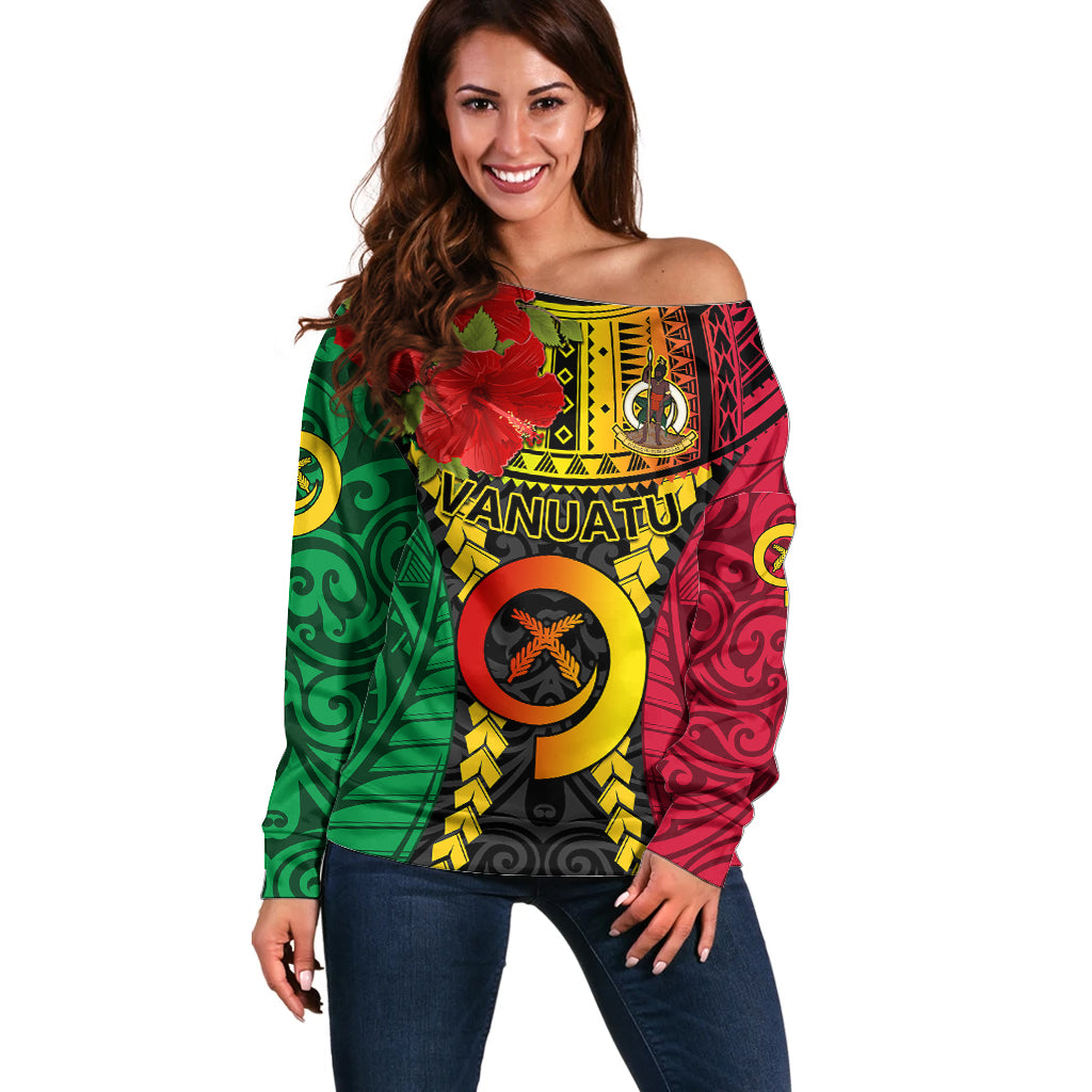 Personalized Vanuatu Off Shoulder Sweater Vanuatuan Coat Of Arms Mix Pig Tusk Poynesian Pattern LT05 Women Reggae - Polynesian Pride