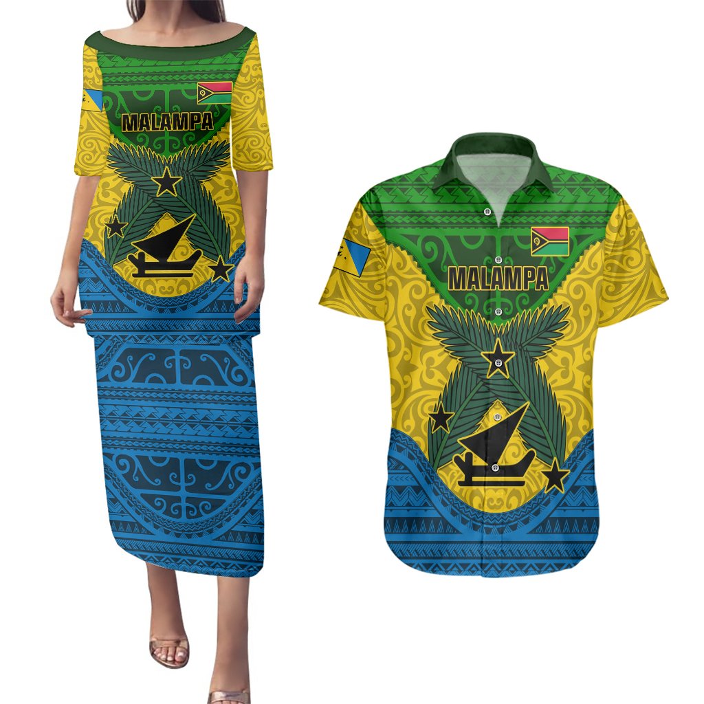 Personalized Vanuatu Malampa Province Couples Matching Puletasi Dress and Hawaiian Shirt Coat Of Arms And Namele Fern Polynesian Pattern LT05 Yellow - Polynesian Pride