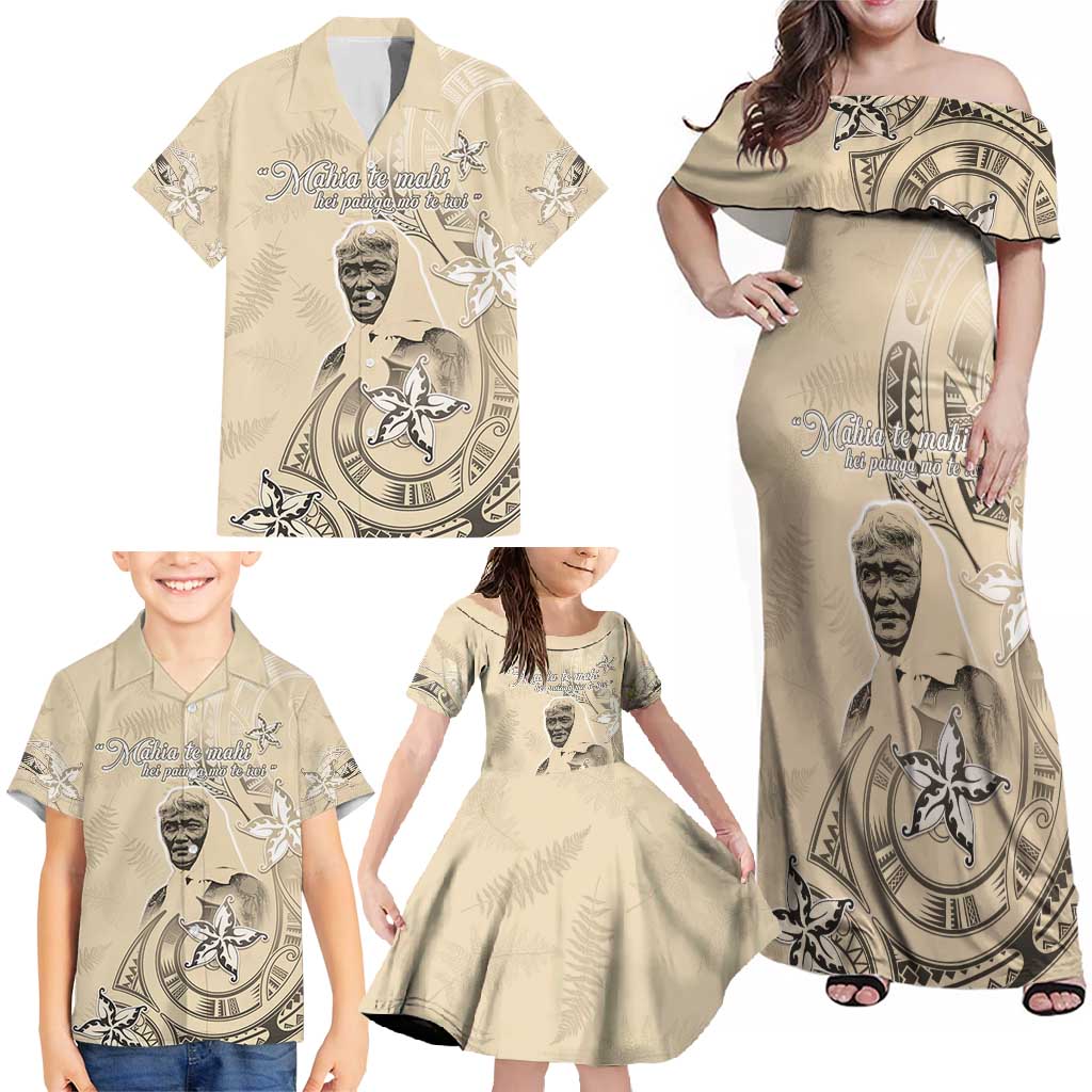 New Zealand Aotearoa Princess Te Puea Family Matching Off Shoulder Maxi Dress and Hawaiian Shirt Maori Pattern